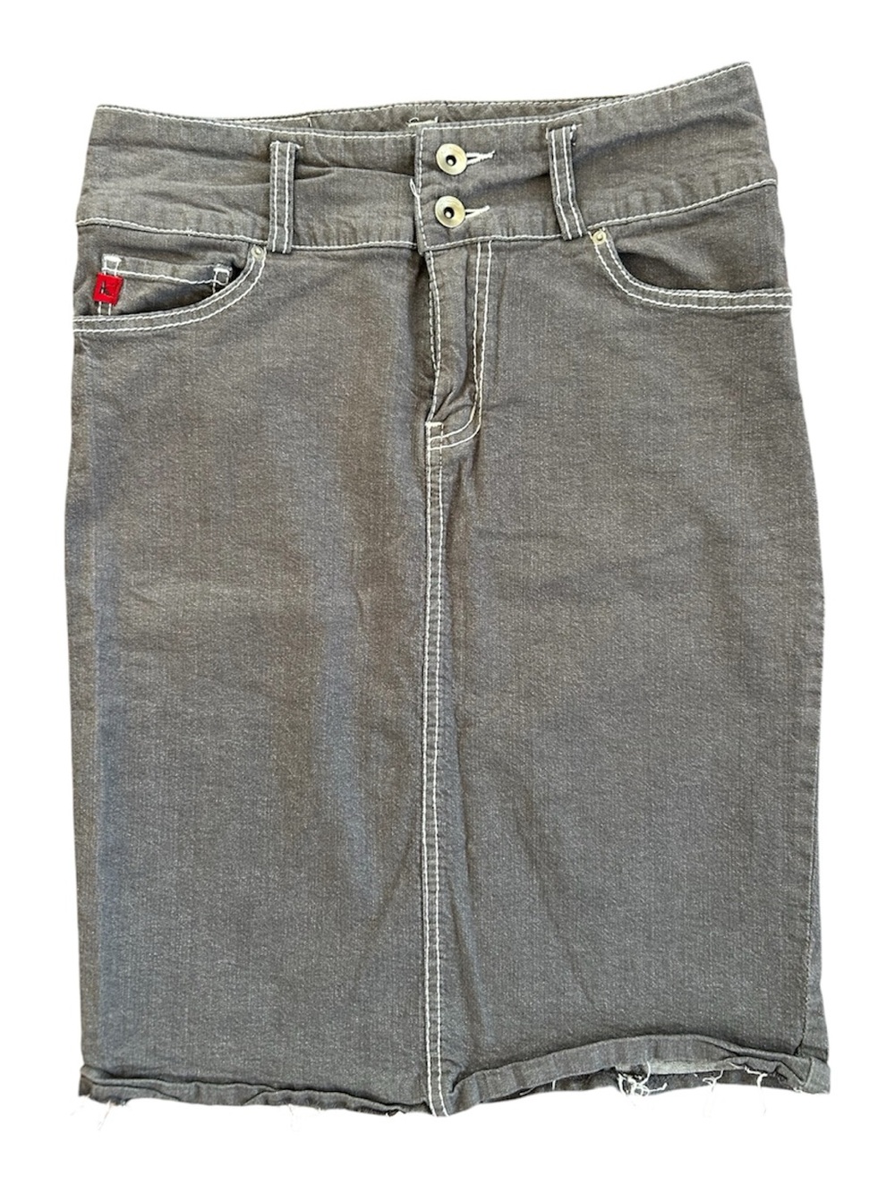 Kama | Junior Women’s Grey Denim Pencil Skirt White Contrast Stitching Raw Hem 5
